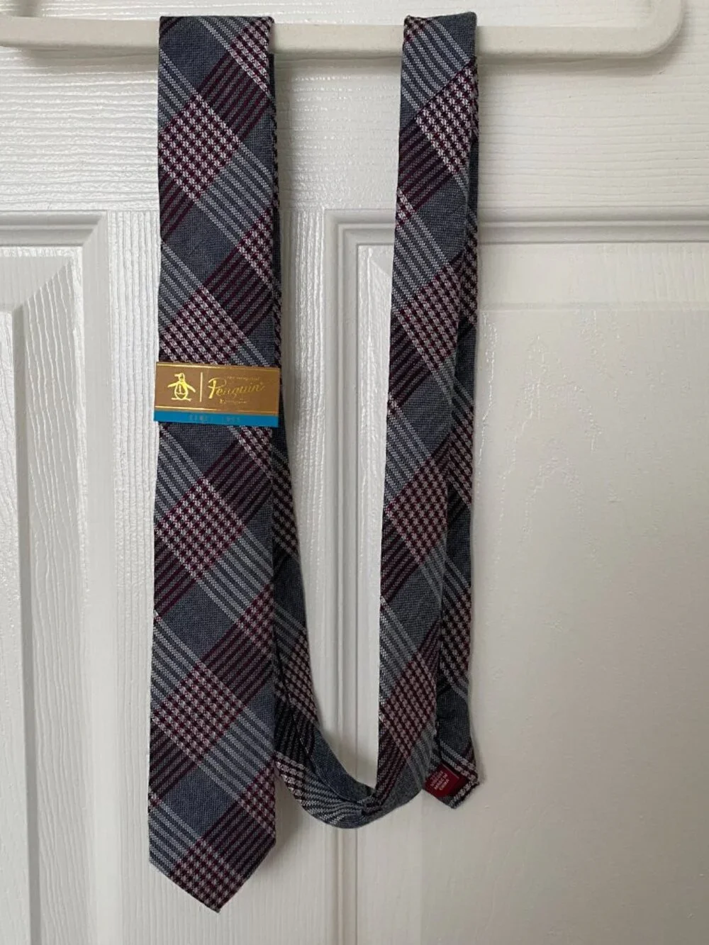 NWT Original Penguin Gray Burgundy Glen Plaid Skinny Silk Blend Tie